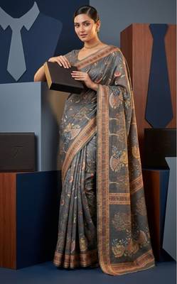 Grey colour cotton erode weaving saree with digital deer & floral print 1