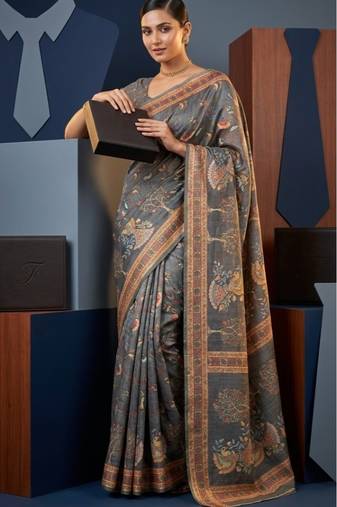 Grey colour cotton erode weaving saree with digital deer & floral print