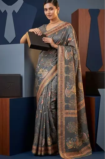 Grey colour cotton erode weaving saree with digital deer & floral print