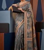 Grey colour cotton erode weaving saree with digital deer & floral print