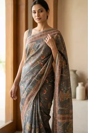 Grey colour cotton erode weaving saree with digital deer & floral print