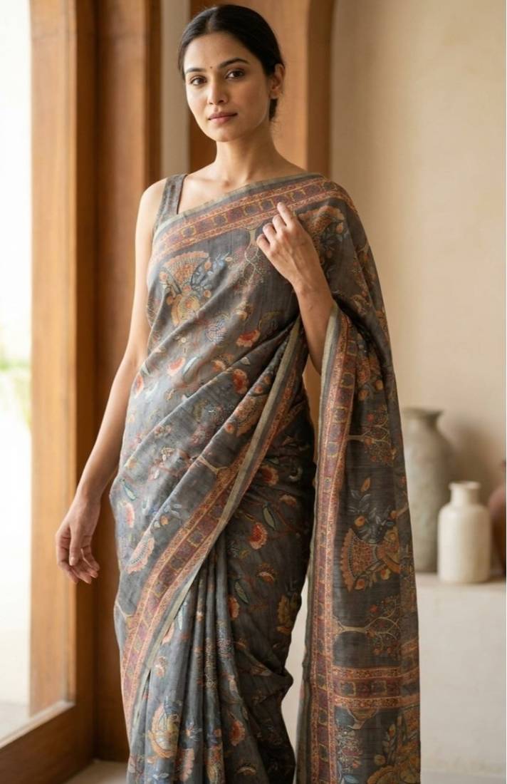 Grey colour cotton erode weaving saree with digital deer & floral print