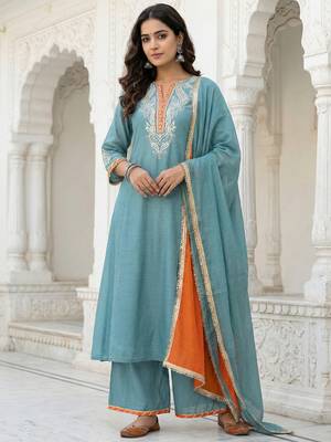 Powder Blue Mal Chanderi Dupatta and Palazzo Set with Gota Work details on neck and sleeves Set of 3 1