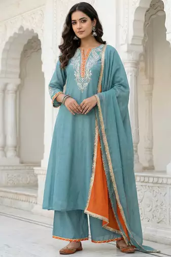 Powder Blue Mal Chanderi Dupatta and Palazzo Set with Gota Work details on neck and sleeves Set of 3