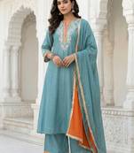Powder Blue Mal Chanderi Dupatta and Palazzo Set with Gota Work details on neck and sleeves Set of 3