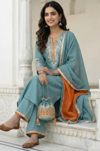 Powder Blue Mal Chanderi Dupatta and Palazzo Set with Gota Work details on neck and sleeves Set of 3