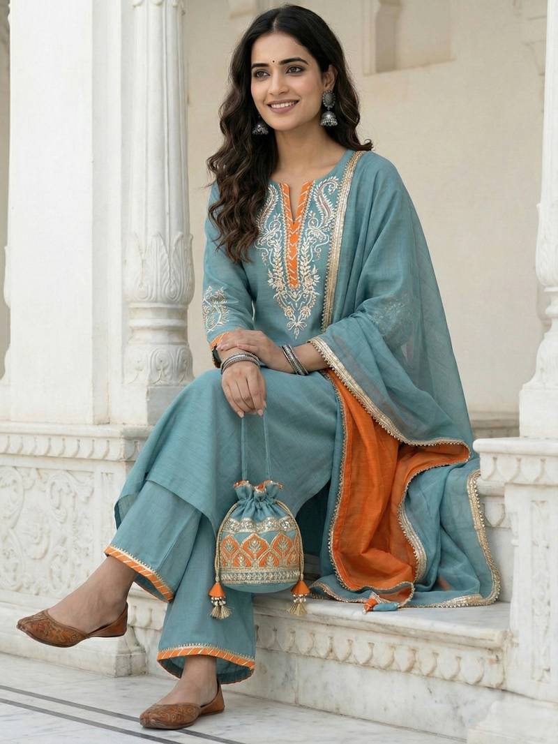Powder Blue Mal Chanderi Dupatta and Palazzo Set with Gota Work details on neck and sleeves Set of 3