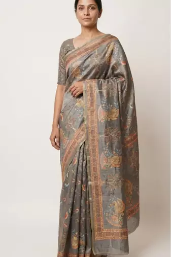 Grey colour cotton erode weaving saree with digital deer & floral print