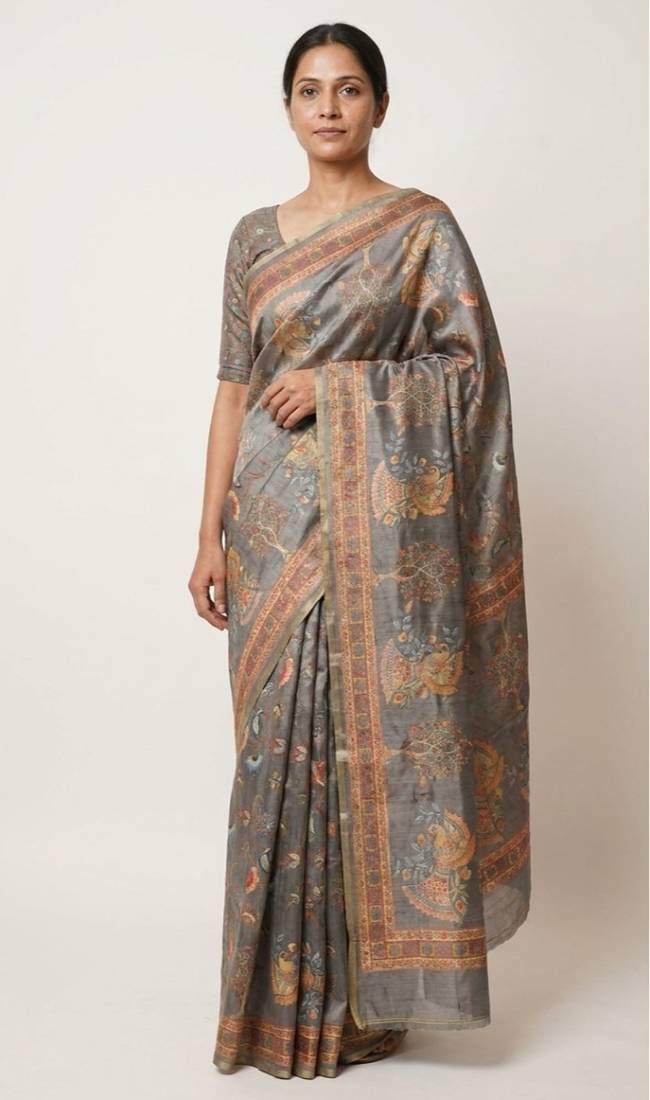 Grey colour cotton erode weaving saree with digital deer & floral print