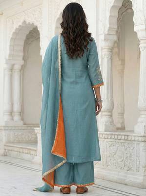 Powder Blue Mal Chanderi Dupatta and Palazzo Set with Gota Work details on neck and sleeves Set of 3 3