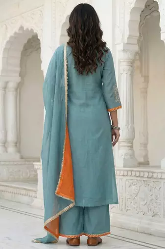 Powder Blue Mal Chanderi Dupatta and Palazzo Set with Gota Work details on neck and sleeves Set of 3