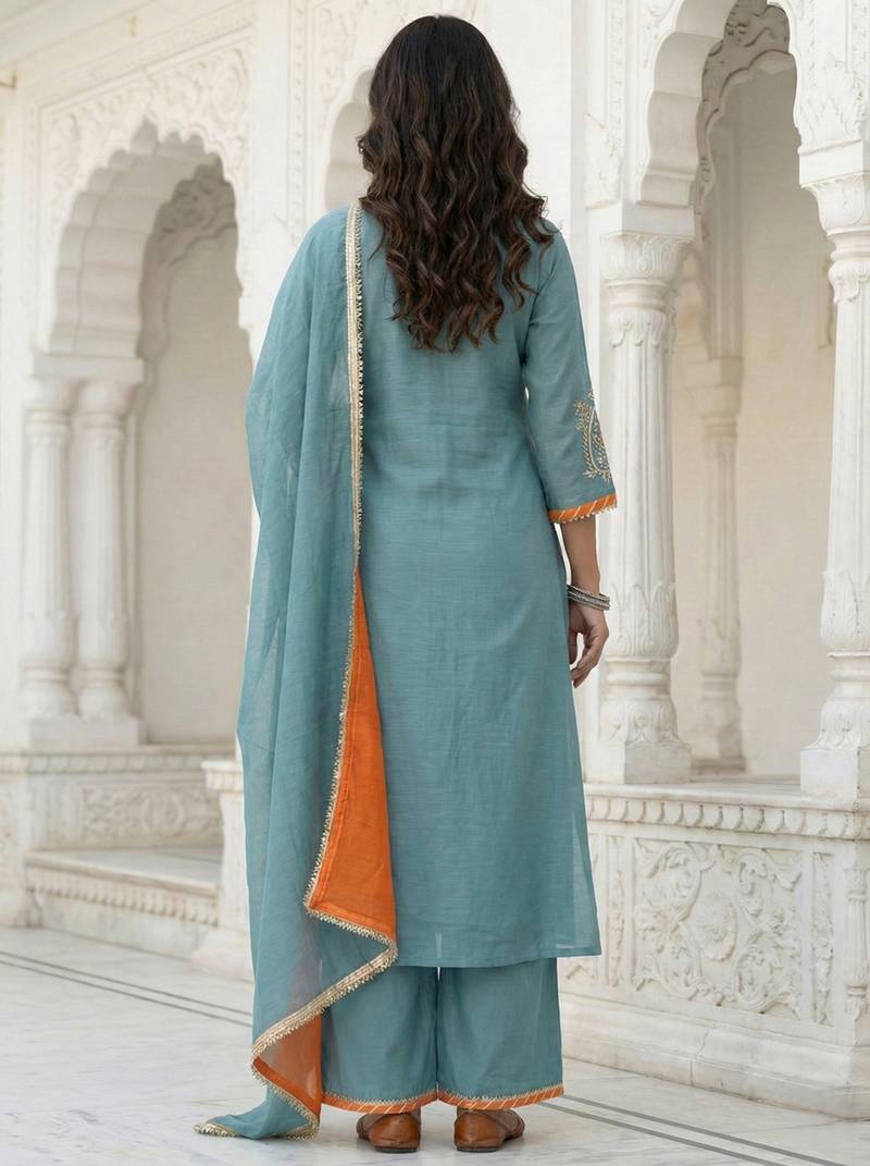Powder Blue Mal Chanderi Dupatta and Palazzo Set with Gota Work details on neck and sleeves Set of 3