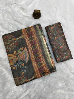 Grey colour cotton erode weaving saree with digital deer & floral print 4
