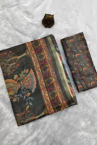 Grey colour cotton erode weaving saree with digital deer & floral print