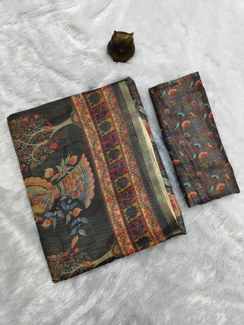 Grey colour cotton erode weaving saree with digital deer & floral print