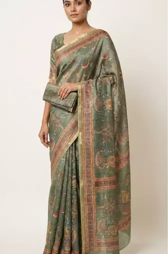 Green colour cotton erode weaving saree with digital deer & floral print
