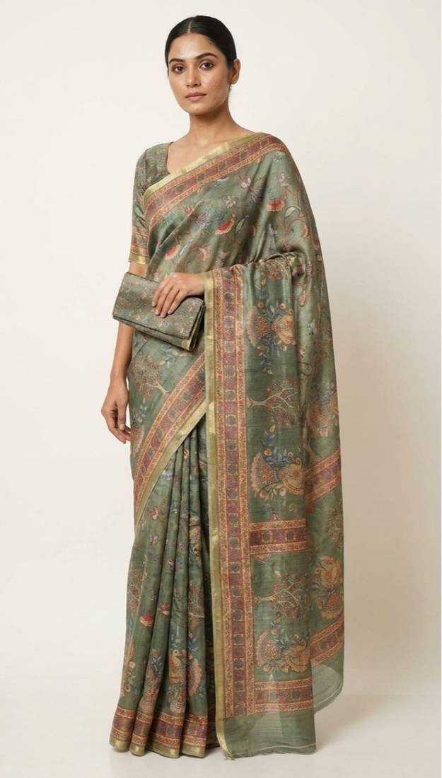 Green colour cotton erode weaving saree with digital deer & floral print