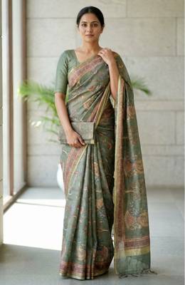 Green colour cotton erode weaving saree with digital deer & floral print 2