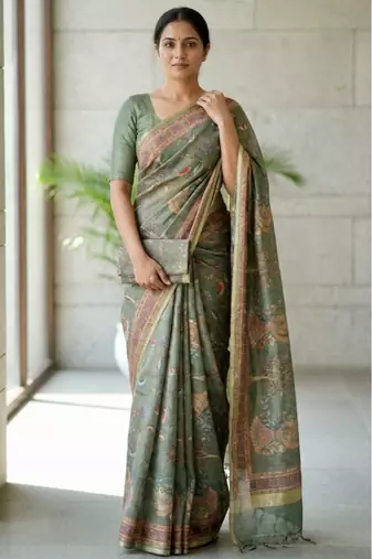 Green colour cotton erode weaving saree with digital deer & floral print