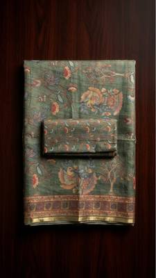 Green colour cotton erode weaving saree with digital deer & floral print 3