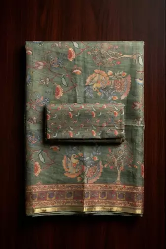 Green colour cotton erode weaving saree with digital deer & floral print