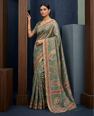 Green colour cotton erode weaving saree with digital deer & floral print 4