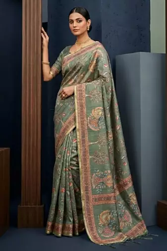 Green colour cotton erode weaving saree with digital deer & floral print