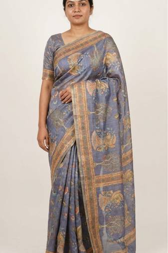Blue colour cotton erode weaving saree with digital deer & floral print