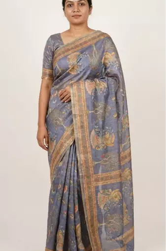 Blue colour cotton erode weaving saree with digital deer & floral print