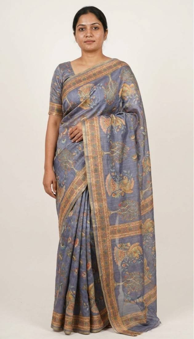 Blue colour cotton erode weaving saree with digital deer & floral print
