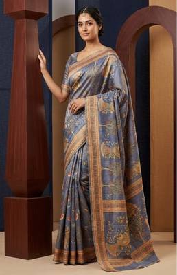 Blue colour cotton erode weaving saree with digital deer & floral print 2