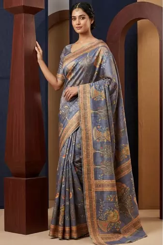 Blue colour cotton erode weaving saree with digital deer & floral print