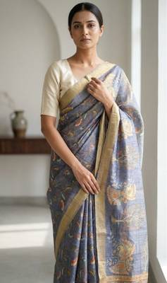 Blue colour cotton erode weaving saree with digital deer & floral print 3