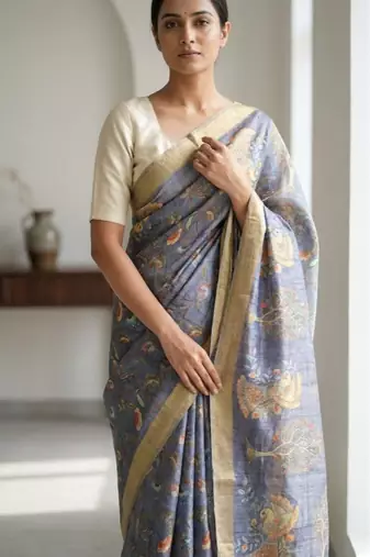 Blue colour cotton erode weaving saree with digital deer & floral print