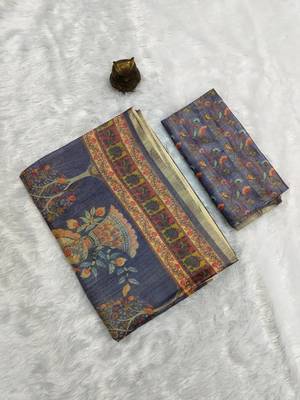 Blue colour cotton erode weaving saree with digital deer & floral print 4