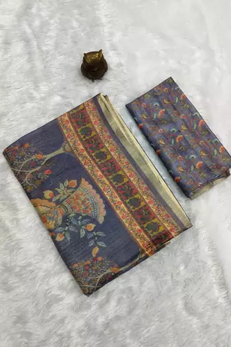 Blue colour cotton erode weaving saree with digital deer & floral print