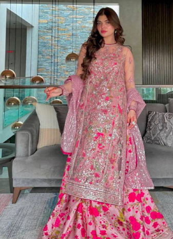Pink Floral Print Gown Suit Set Stylish Suit Set With Dupatta
