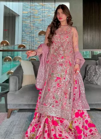 Pink Floral Print Gown Suit Set Stylish Suit Set With Dupatta