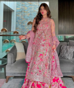 Pink Floral Print Gown Suit Set Stylish Suit Set With Dupatta