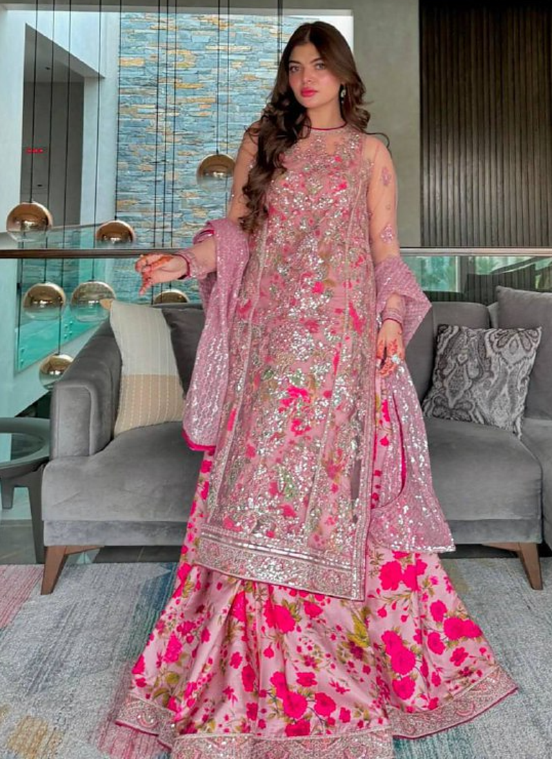 Pink Floral Print Gown Suit Set Stylish Suit Set With Dupatta