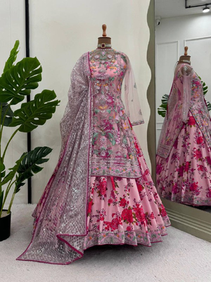 Pink Floral Print Gown Suit Set Stylish Suit Set With Dupatta 2
