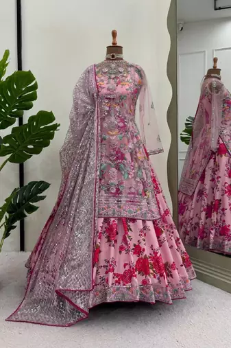 Pink Floral Print Gown Suit Set Stylish Suit Set With Dupatta