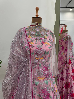Pink Floral Print Gown Suit Set Stylish Suit Set With Dupatta 3