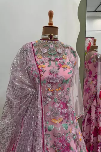 Pink Floral Print Gown Suit Set Stylish Suit Set With Dupatta
