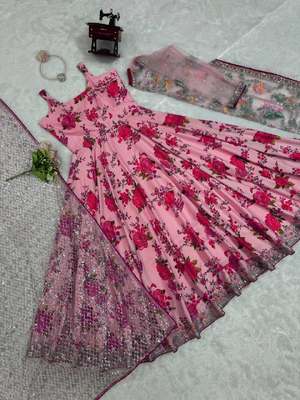 Pink Floral Print Gown Suit Set Stylish Suit Set With Dupatta 4
