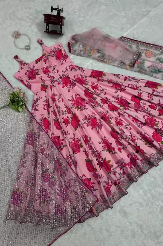 Pink Floral Print Gown Suit Set Stylish Suit Set With Dupatta