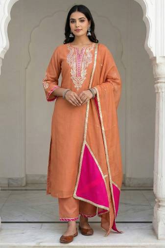 Peach Mal Chanderi Dupatta and Palazzo Set with Gota Work details on neck and sleeves Set of 3
