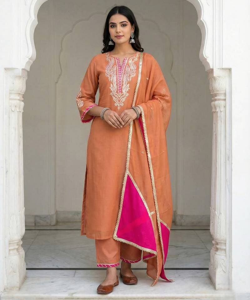 Peach Mal Chanderi Dupatta and Palazzo Set with Gota Work details on neck and sleeves Set of 3