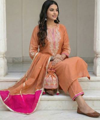 Peach Mal Chanderi Dupatta and Palazzo Set with Gota Work details on neck and sleeves Set of 3 2