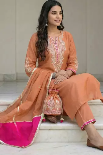 Peach Mal Chanderi Dupatta and Palazzo Set with Gota Work details on neck and sleeves Set of 3